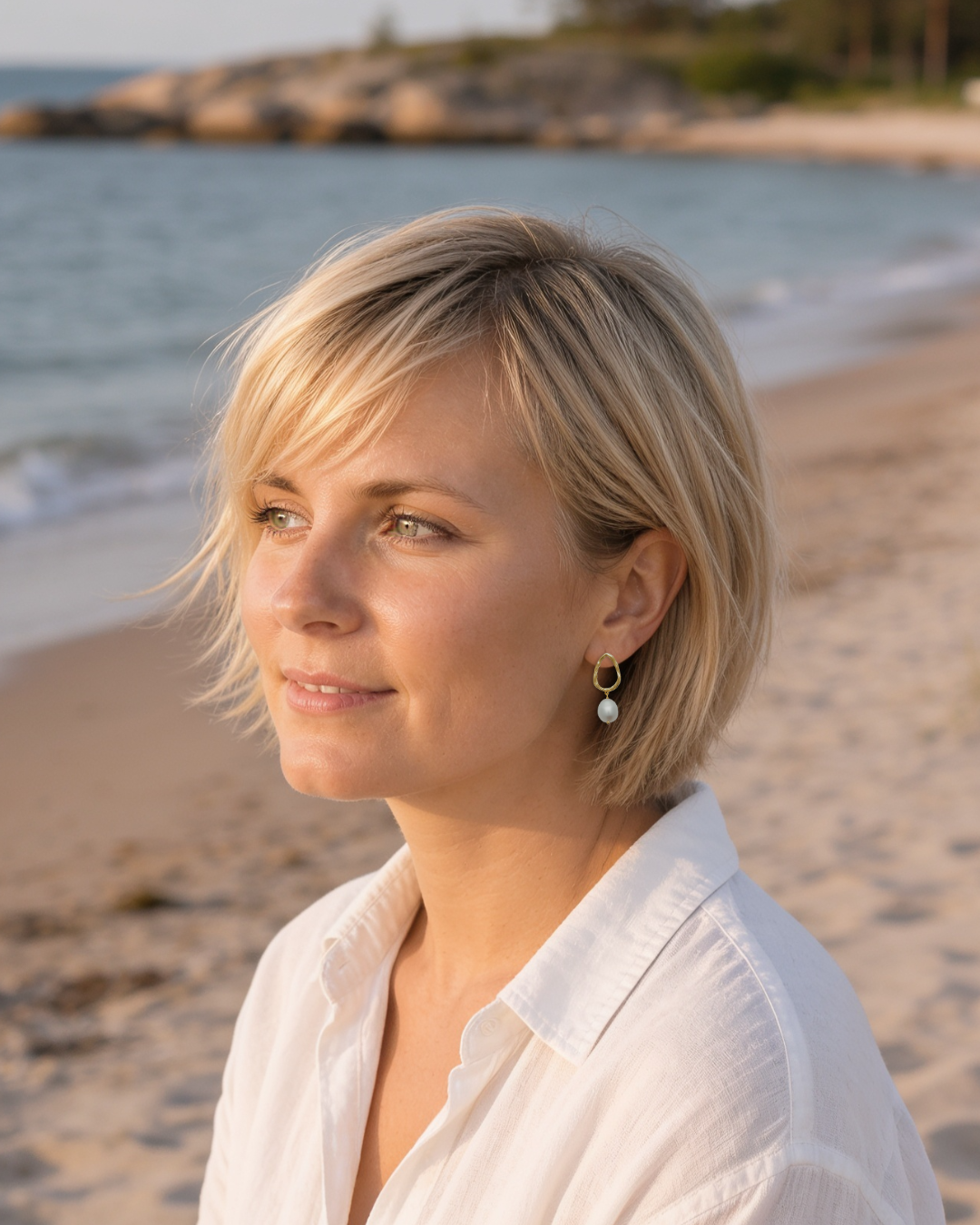 Gold-tone pearl drop earrings worn by a woman on Tulliniemi beach, Hanko, Finland