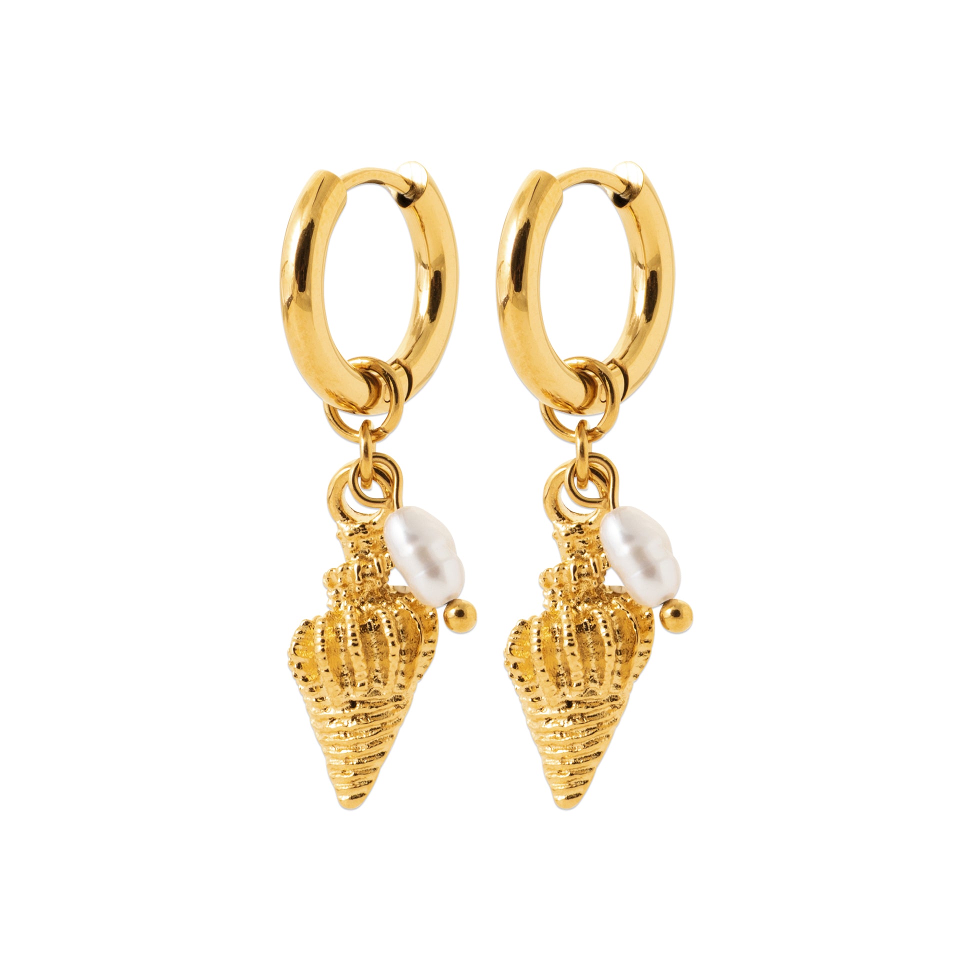 HNKO 2-in-1 cowrie shell pearl hoop earrings in gold-tone stainless steel