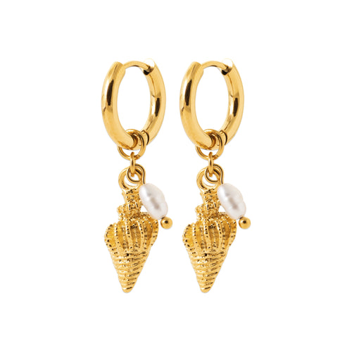 HNKO 2-in-1 cowrie shell pearl hoop earrings in gold-tone stainless steel