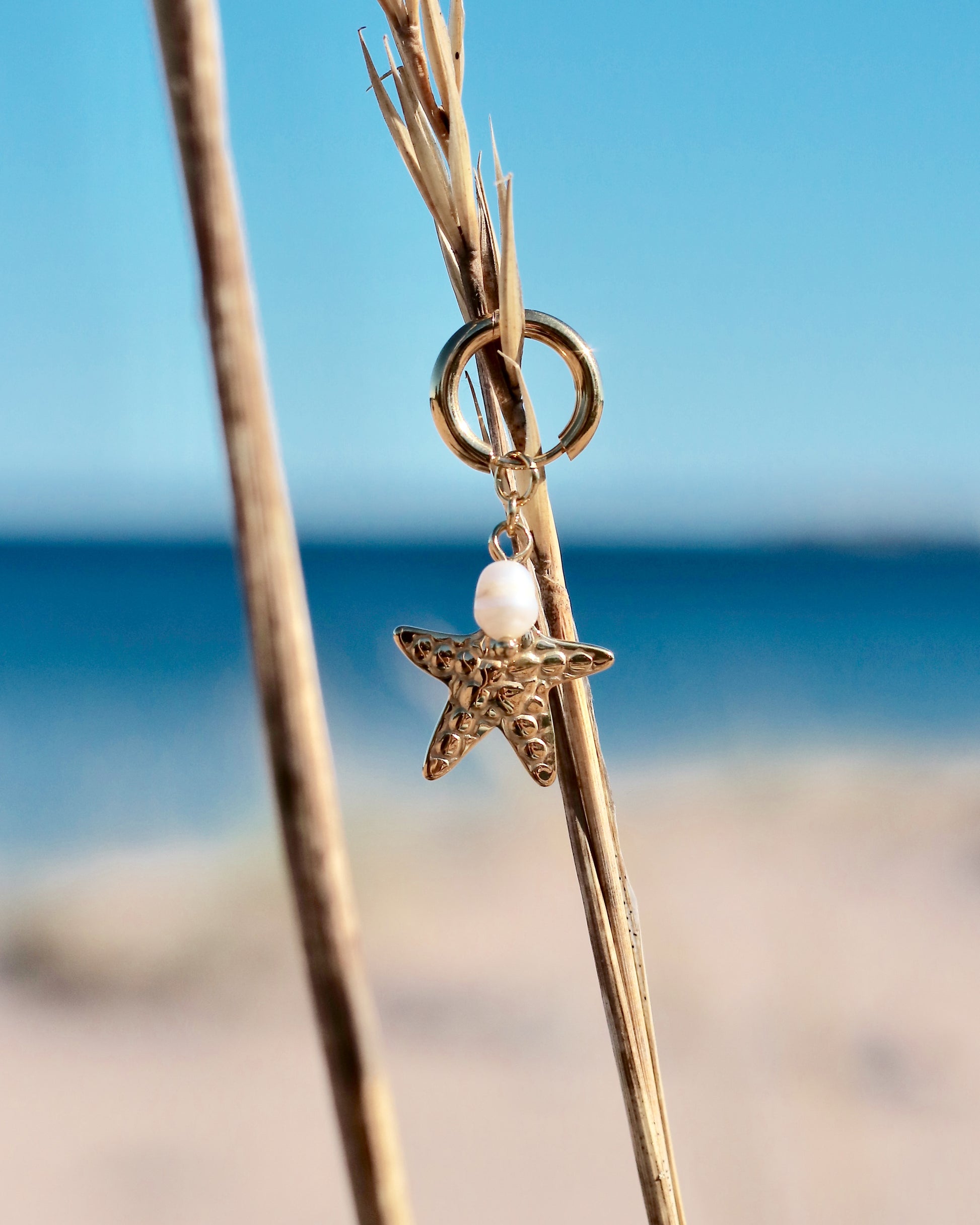 Gold-tone hoop earring with a starfish charm and freshwater pearl photographed by the sea in Hanko, Finland