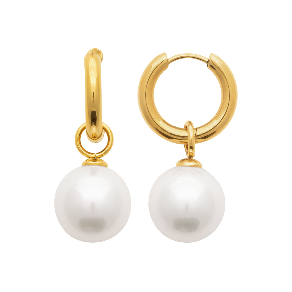 A pair of gold hoop earrings with a small drop ring and a round white pearl pendant, shown on a plain white background.