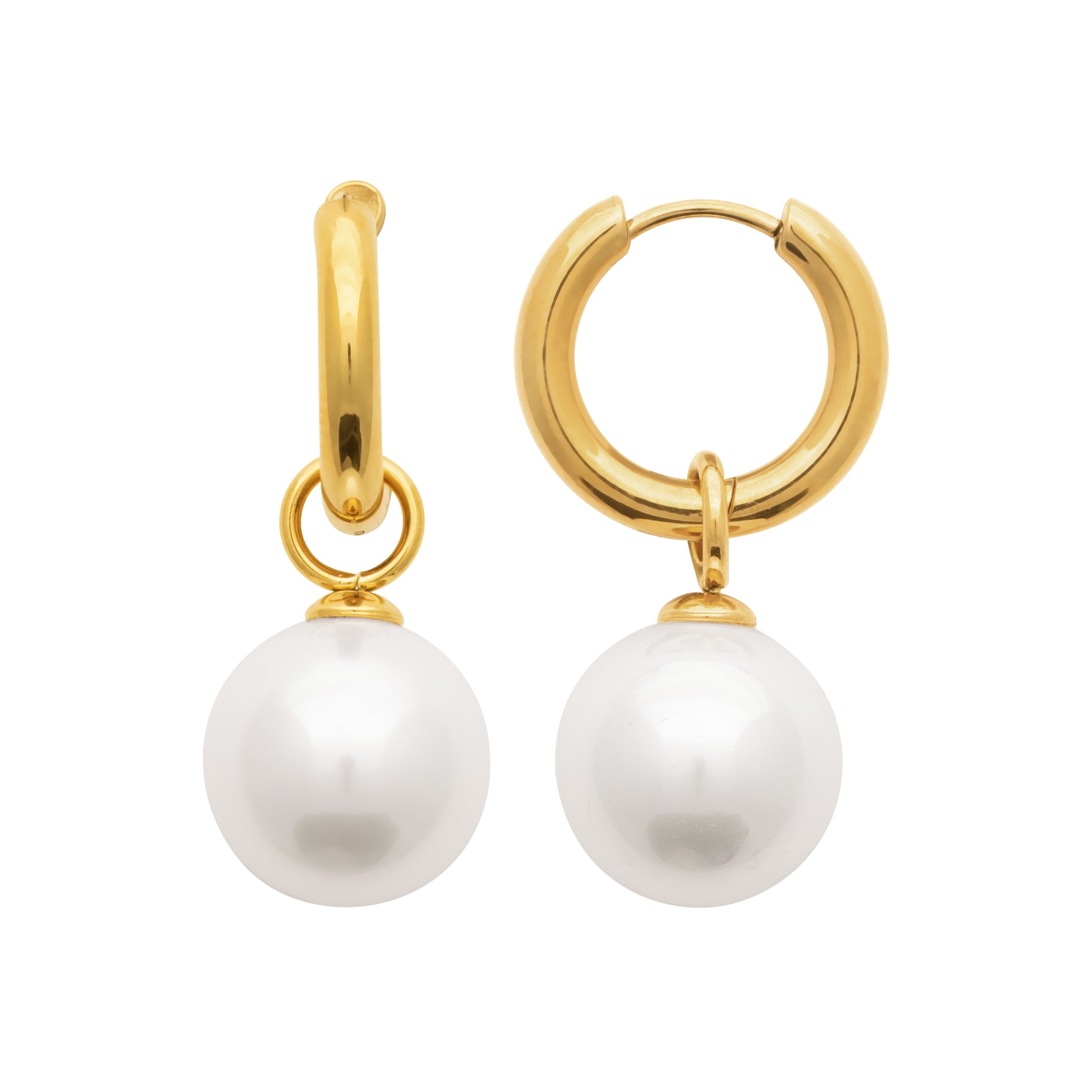 A pair of gold hoop earrings with a small drop ring and a round white pearl pendant, shown on a plain white background.