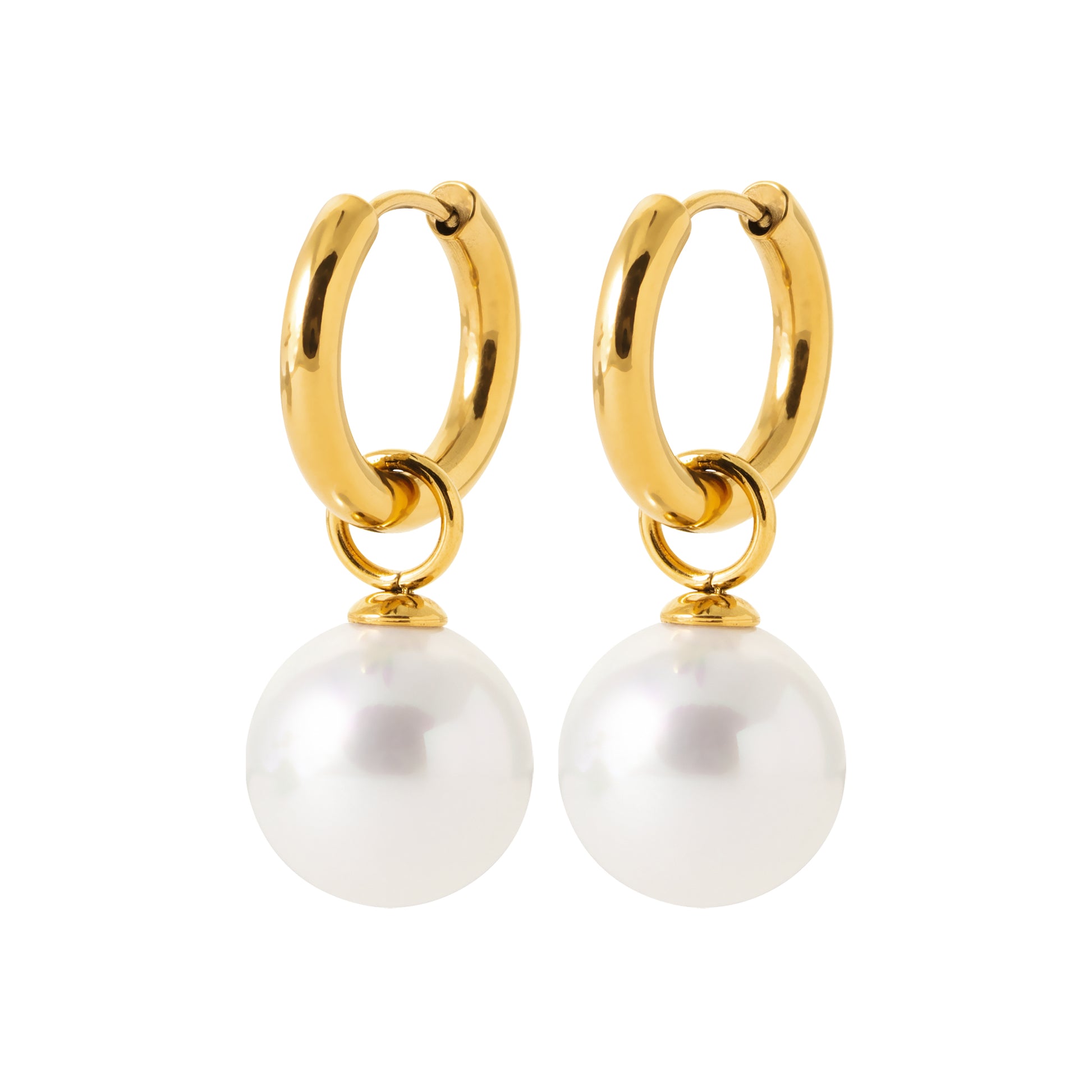 A pair of gold hoop earrings with dangling white pearl drops, shown on a clean white background.