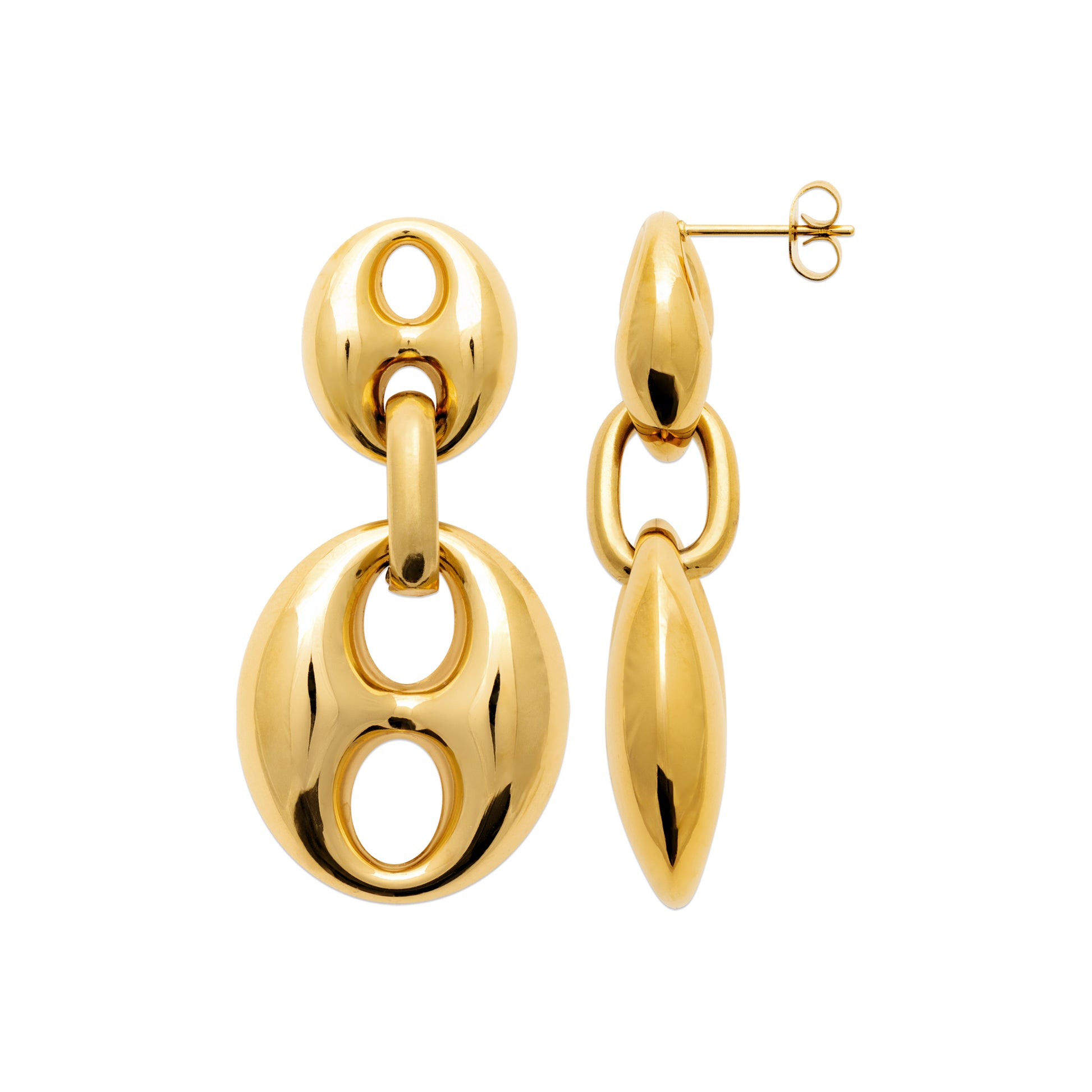 A pair of polished yellow gold drop earrings with a large oval disc and a smaller teardrop-shaped drop, shown on a plain white background.