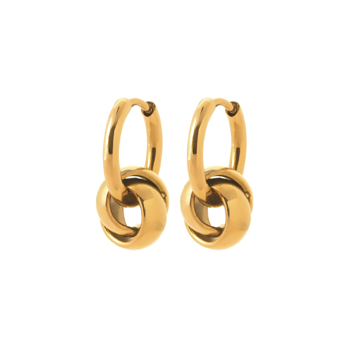 Pair of gold hoop earrings on a white background