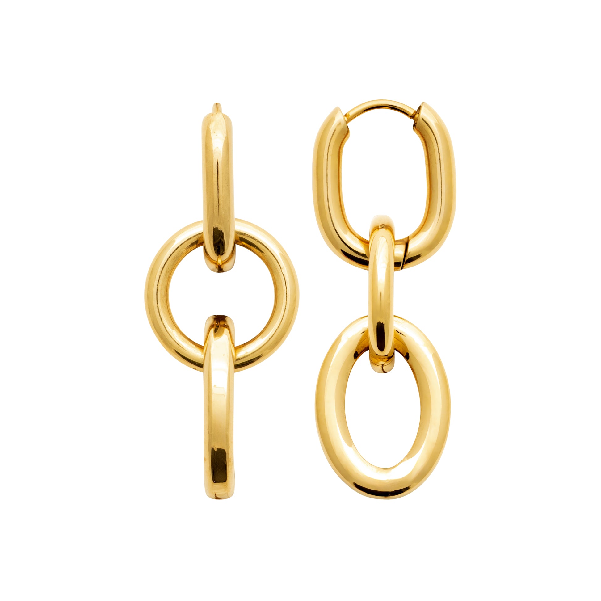 Gold-tone link drop earrings with interlocking oval and round hoops in a polished contemporary design by HNKO