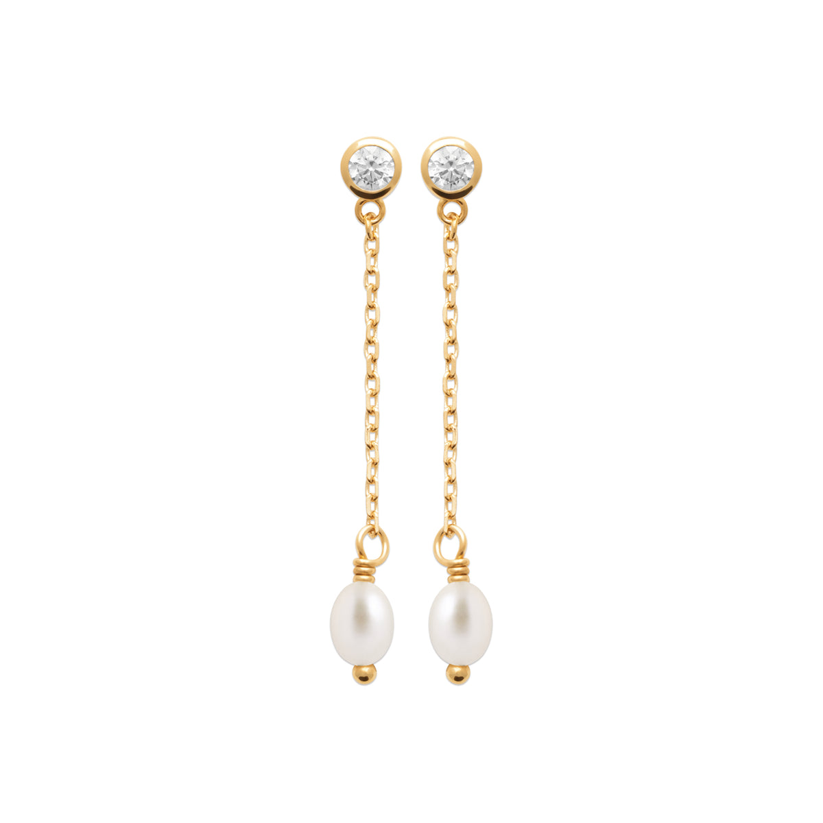 A pair of gold dangle earrings with round clear gemstone studs, delicate gold chains, and white pearl drops, shown on a plain white background.