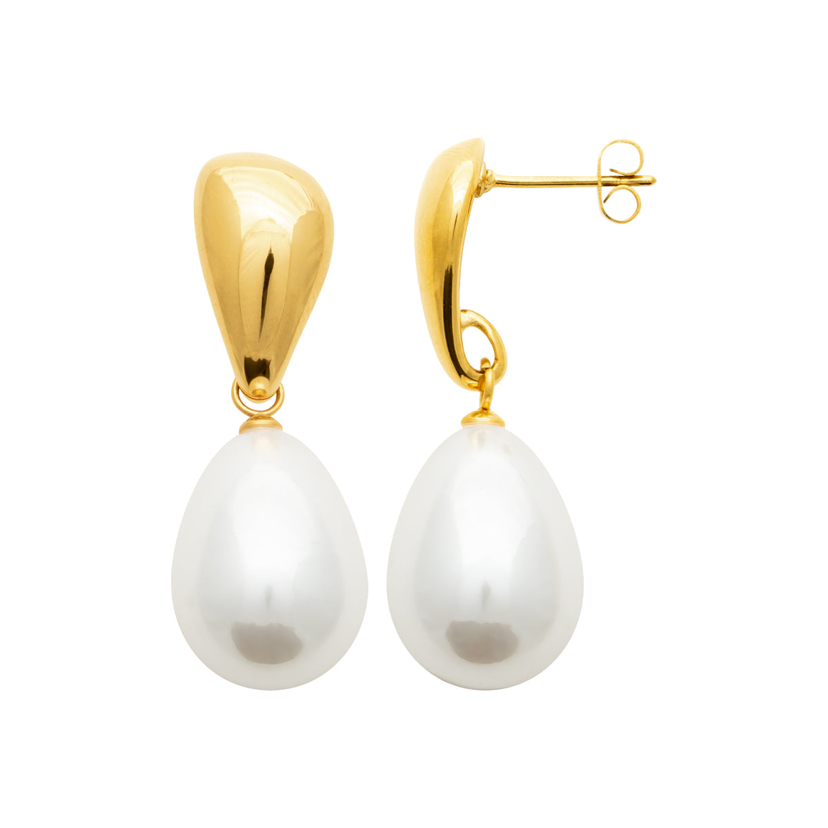 Gold earrings with white pearl drops on a white background