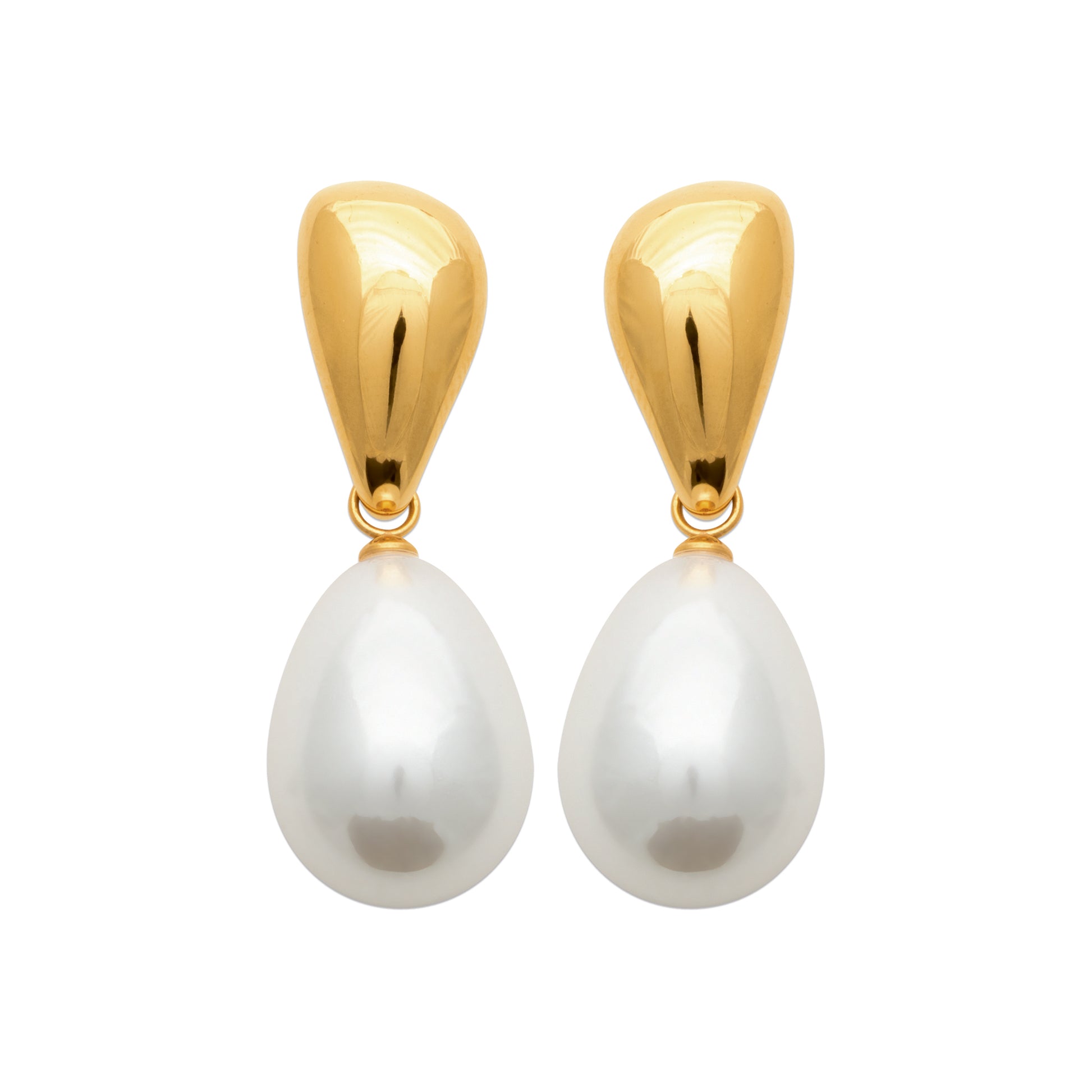 Gold earrings with white pearl drops on a white background
