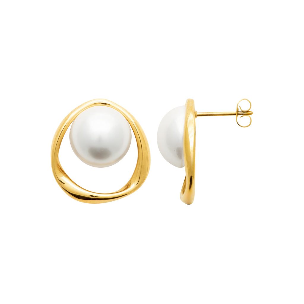 A pair of gold and pearl stud earrings, with one shown from the front displaying a white pearl inside an open, curved gold frame, and the other shown from the side displaying the post and butterfly back.