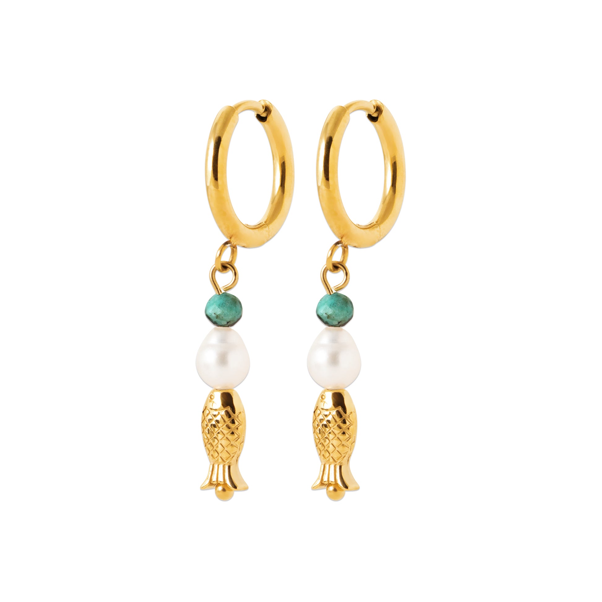 Steel Golden Tone Fish & Pearl Hoop Earrings