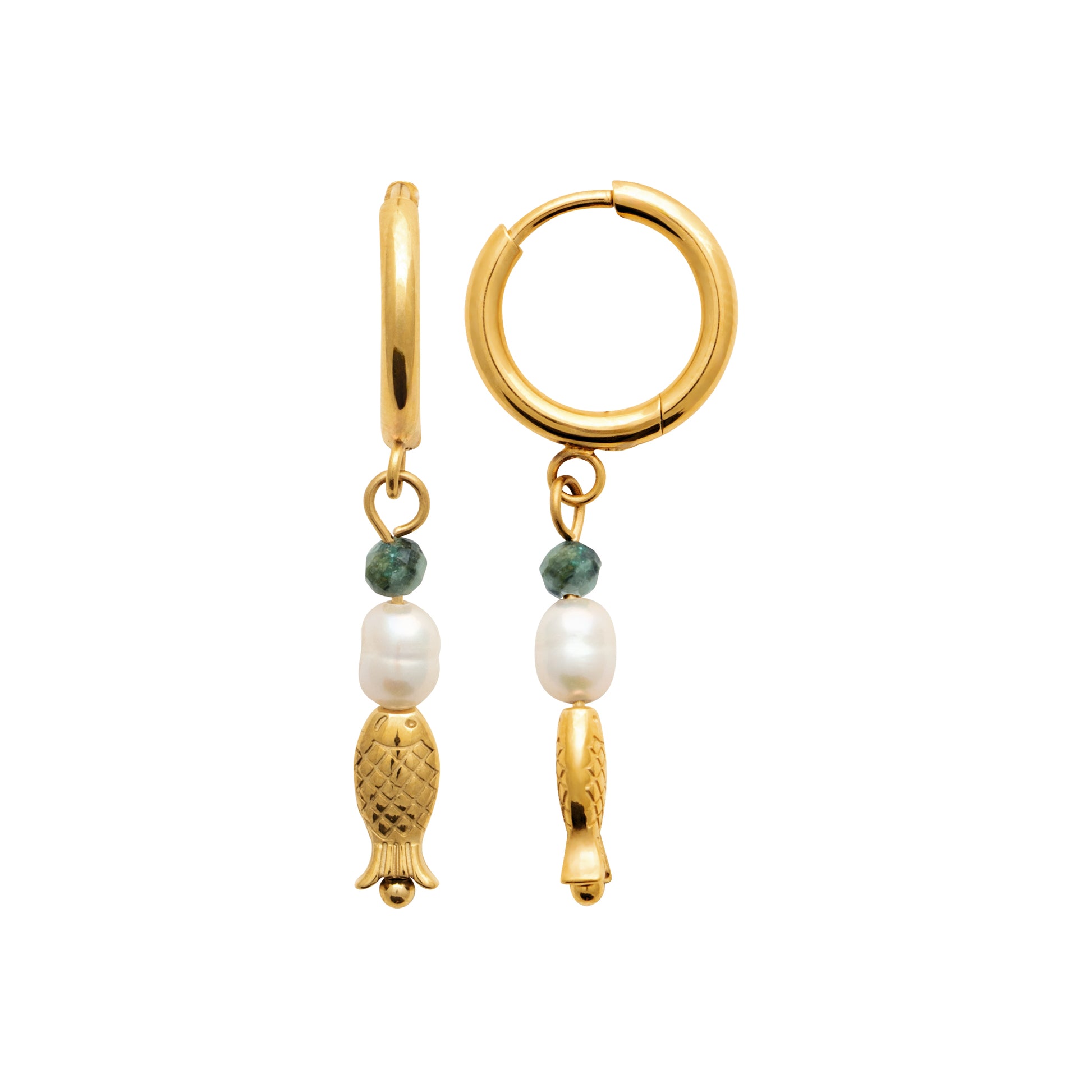 Gold hoop earrings with fish and pearl charms