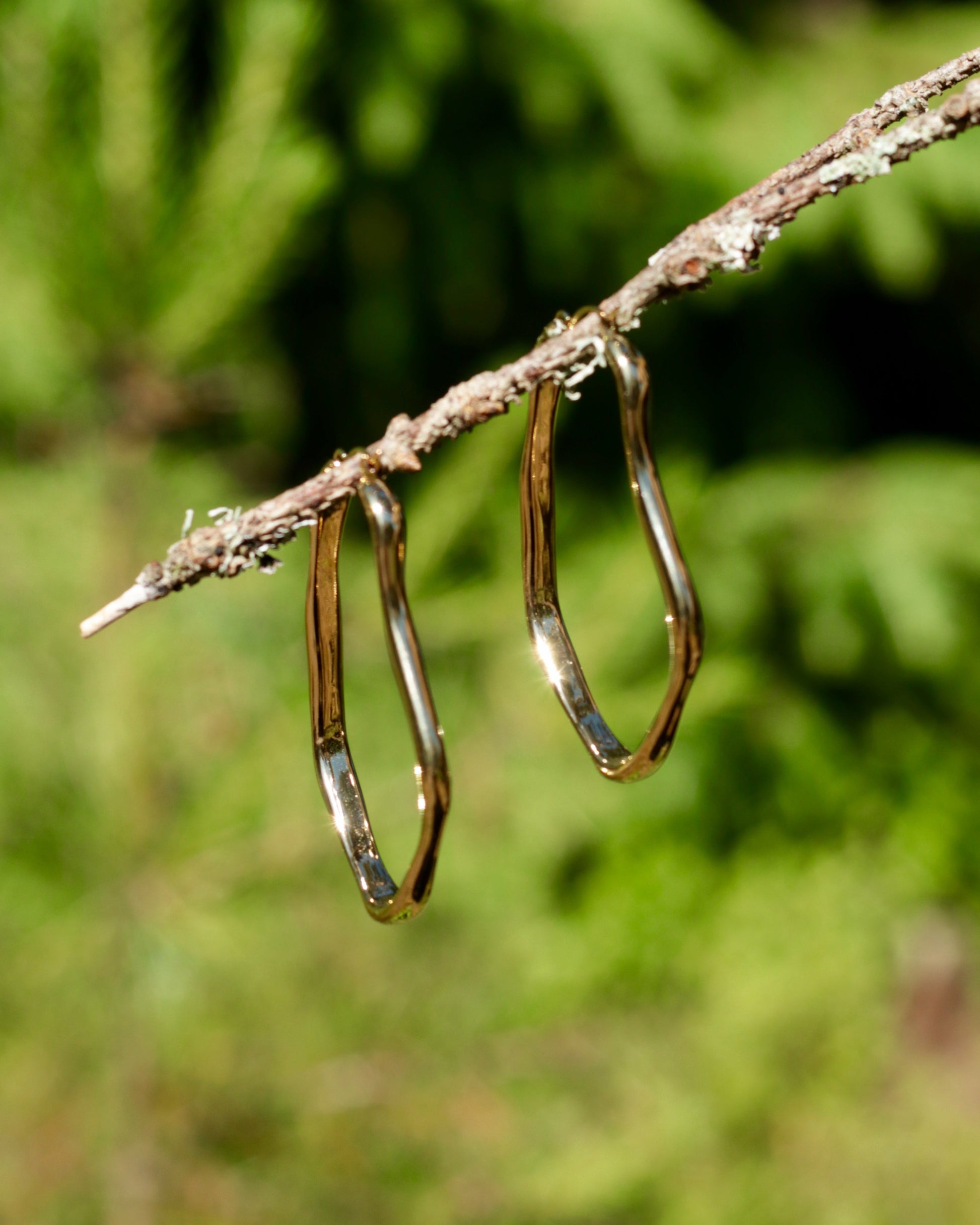 Two large wavy gold hoop earrings hanging from a thin tree branch outdoors, with a blurred green natural background.