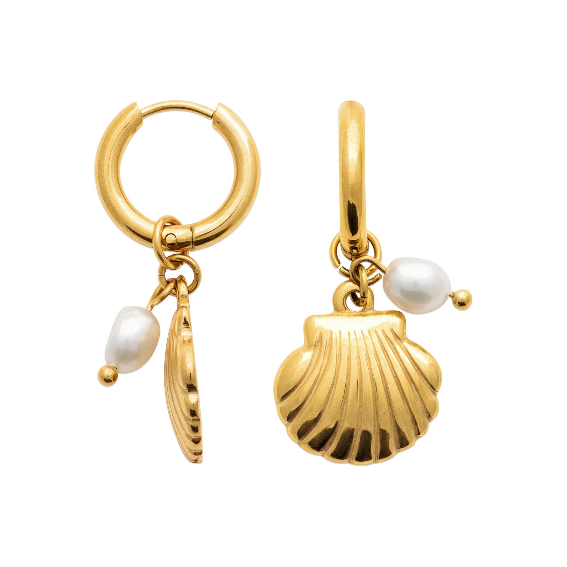 Gold-tone hoop earrings with seashell charms and freshwater pearl accents inspired by Nordic coastal life by HNKO