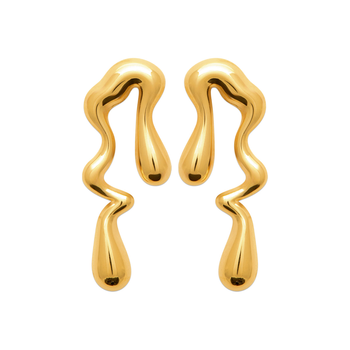 A pair of abstract, wavy gold earrings with a glossy, liquid-like metallic finish, displayed on a solid white background.