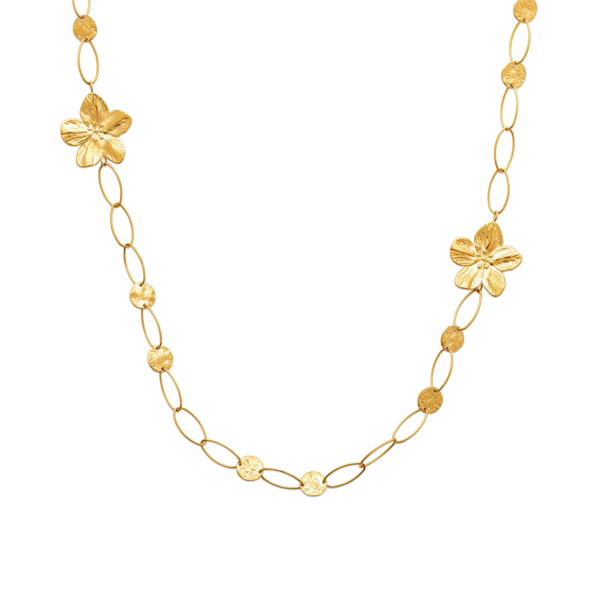 Gold-tone floral chain necklace with sculpted flower details inspired by Nordic nature and botanical elegance by HNKO