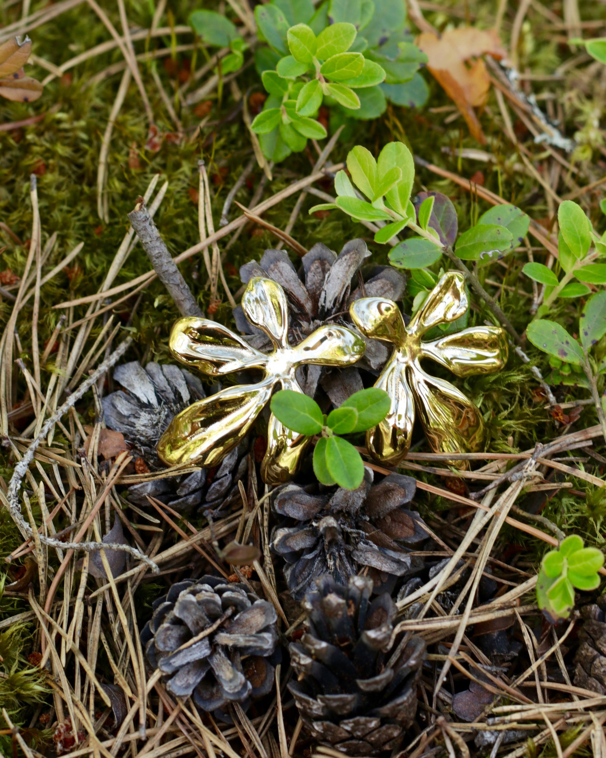 Two metallic gold flower-shaped ornaments resting on pinecones and moss with green plants in a natural outdoor setting.
