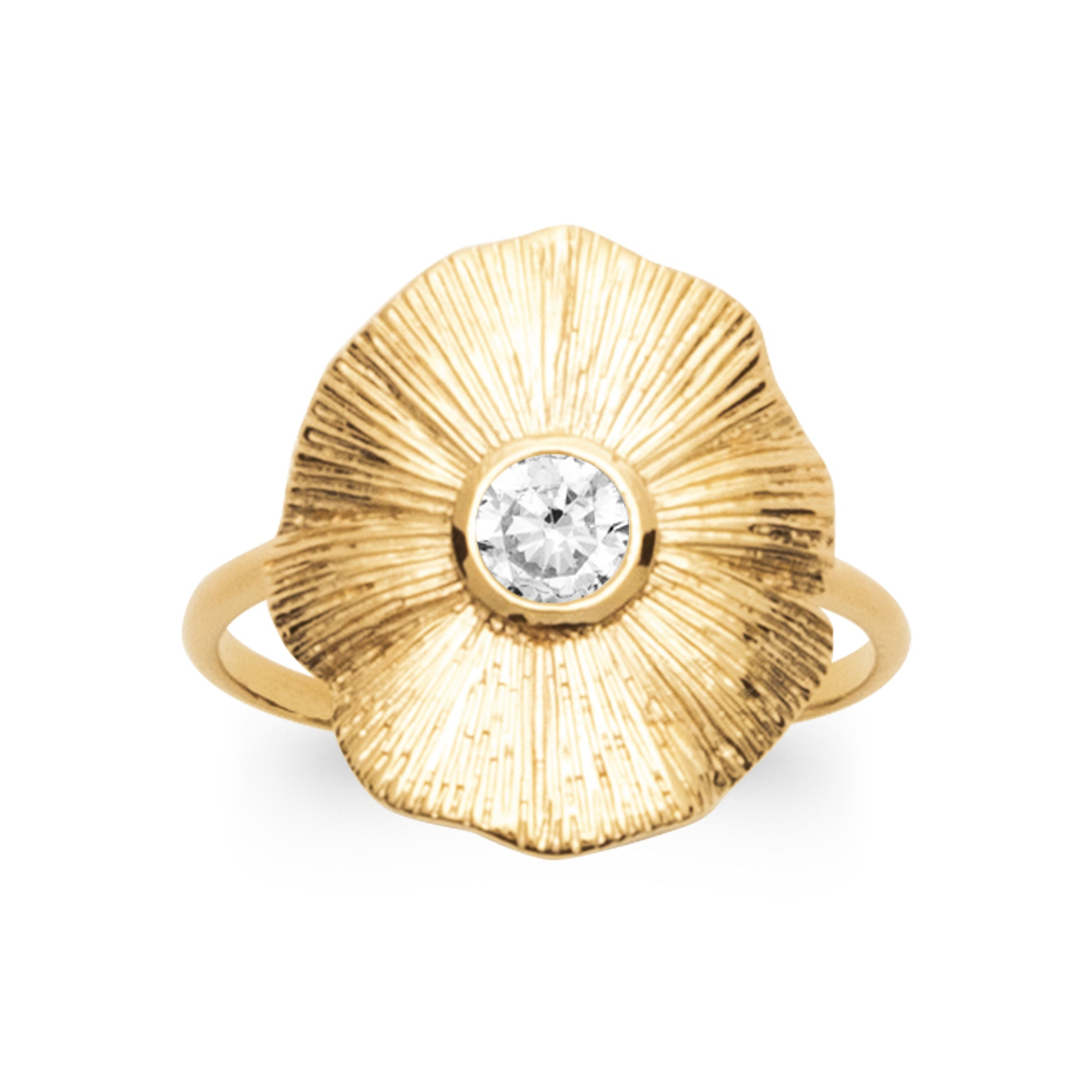 18K gold-plated floral ring with sculpted petals and a luminous center stone in a sculptural statement design by HNKO