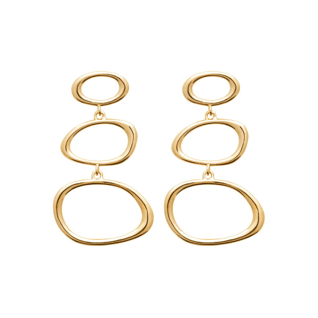 Gold-tone organic link drop earrings with three open sculptural oval forms by HNKO