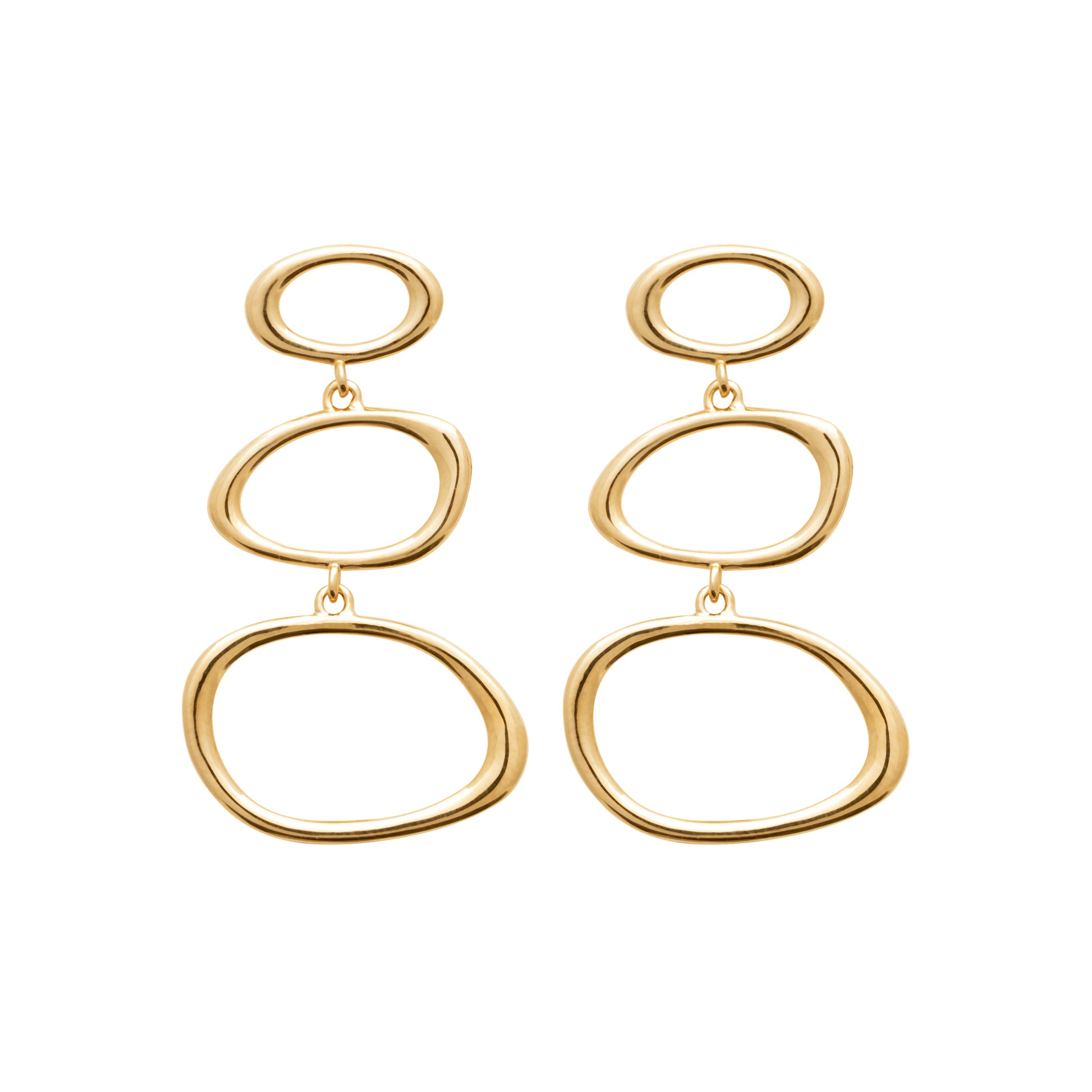 Gold-tone organic link drop earrings with three open sculptural oval forms by HNKO