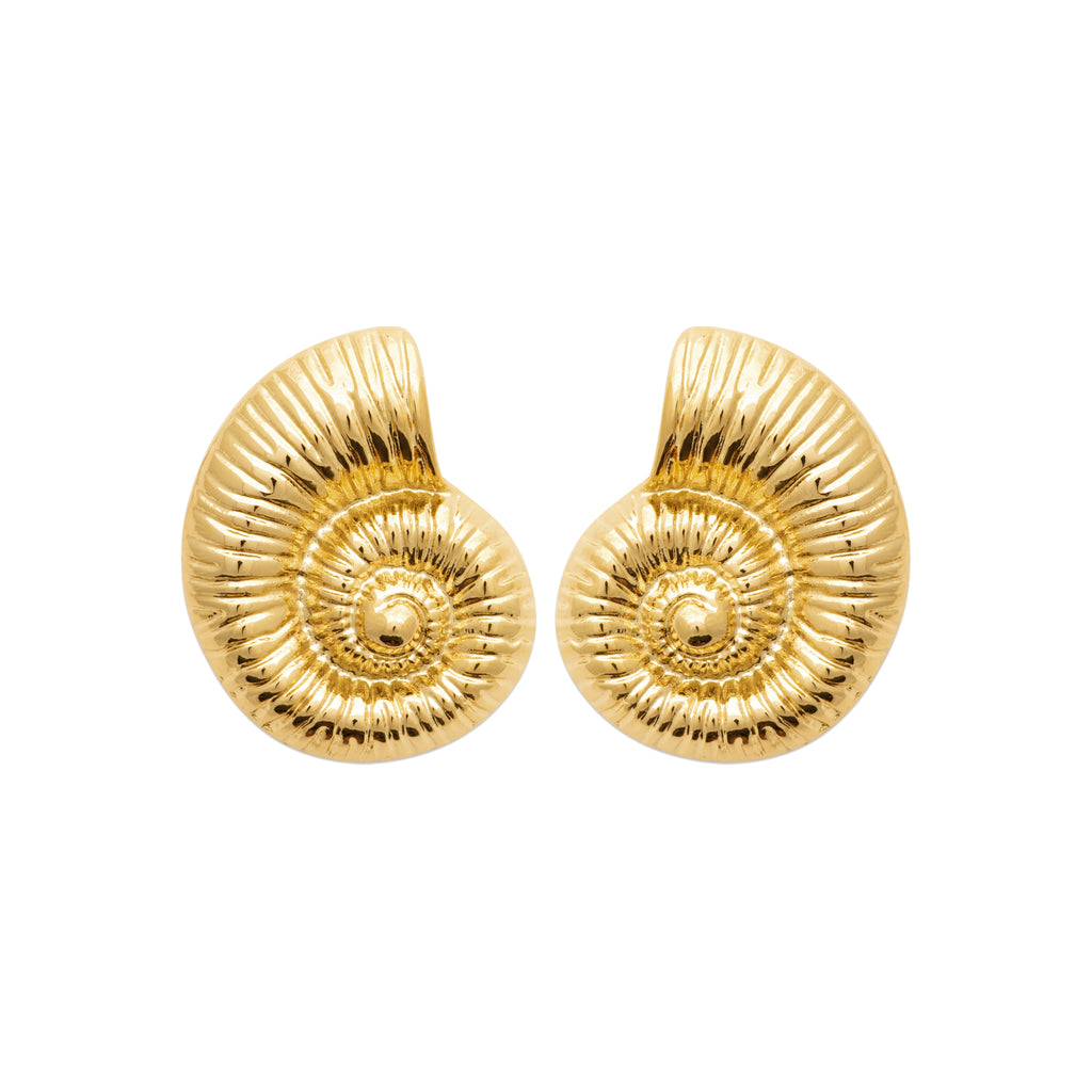 Gold-tone shell stud earrings with a sculptural spiral design inspired by Nordic coastal treasures by HNKO