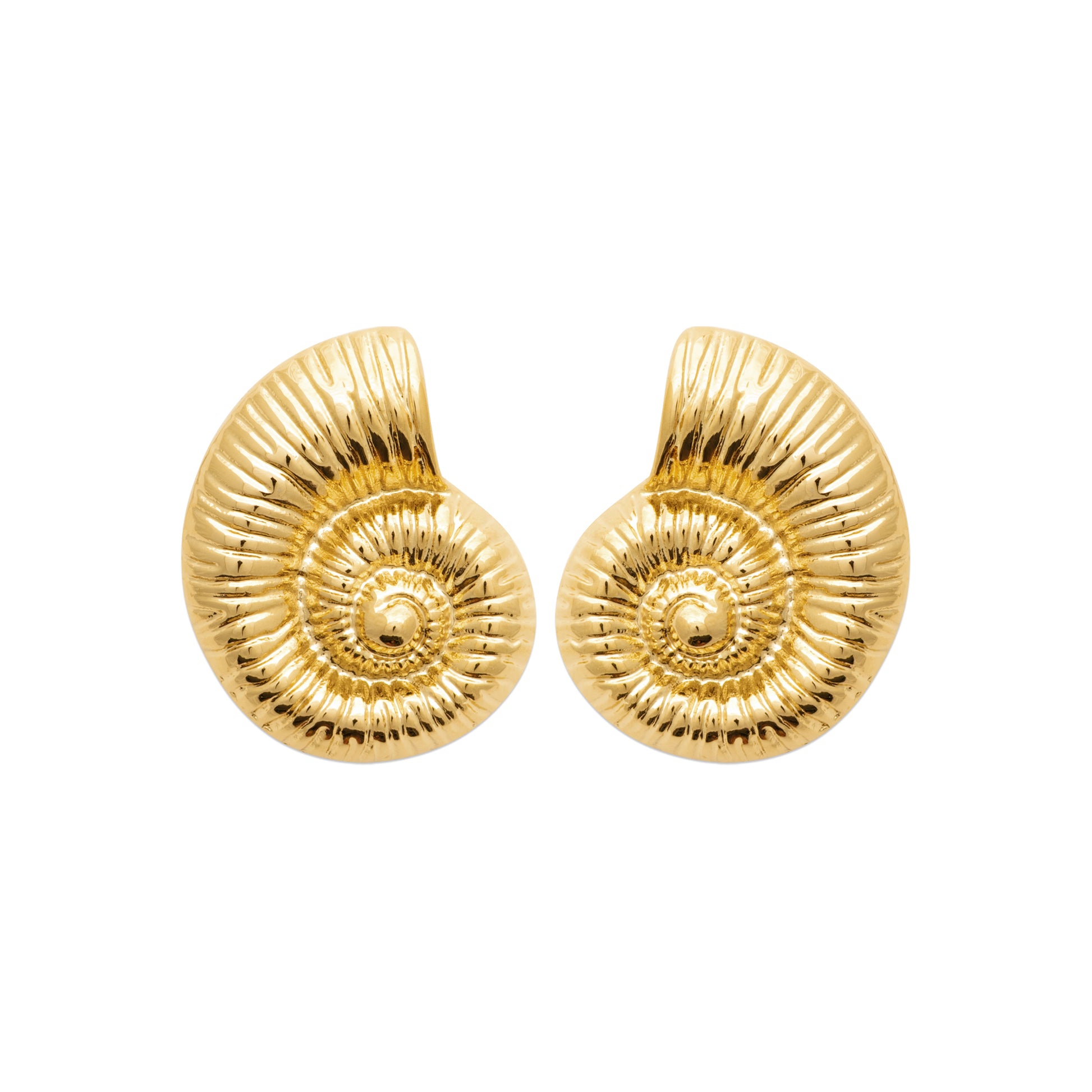 Gold-tone shell stud earrings with a sculptural spiral design inspired by Nordic coastal treasures by HNKO