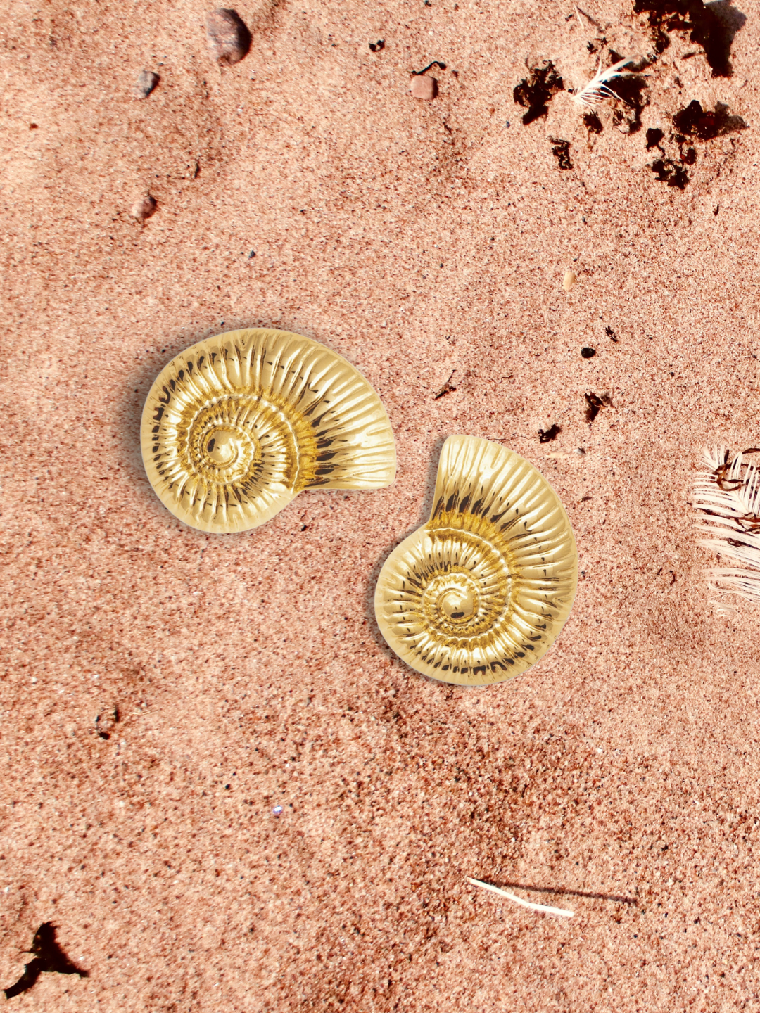 Two golden nautilus shell earrings  arranged on a sandy beach background.