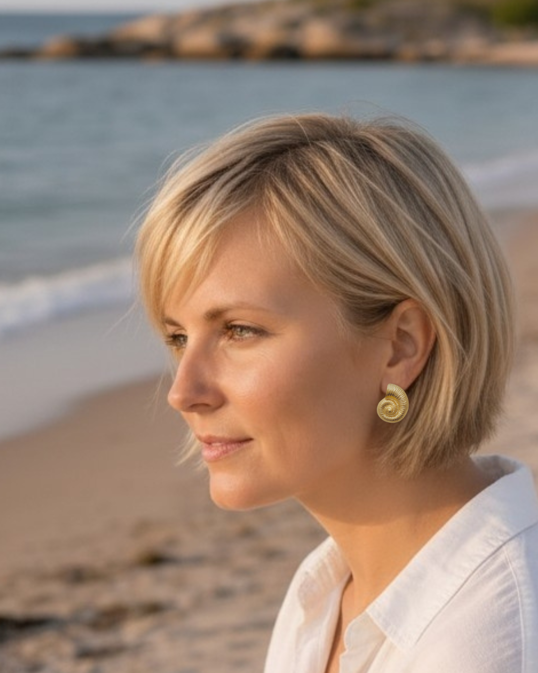 A blonde woman in a white shirt wearing a gold spiral earring, photographed in profile on a beach with the sea in the background.