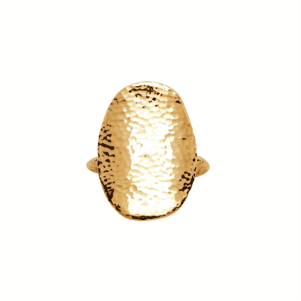 18K gold-plated hammered ring with a textured sculptural surface and contemporary statement design by HNKO