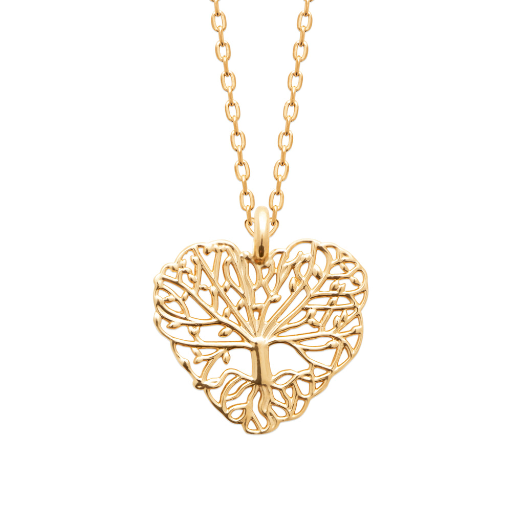 18K gold plated Heart Tree necklace by HNKO Finland featuring an openwork heart-shaped tree motif pendant symbolizing growth and connection, designed for elegant everyday wear and layering