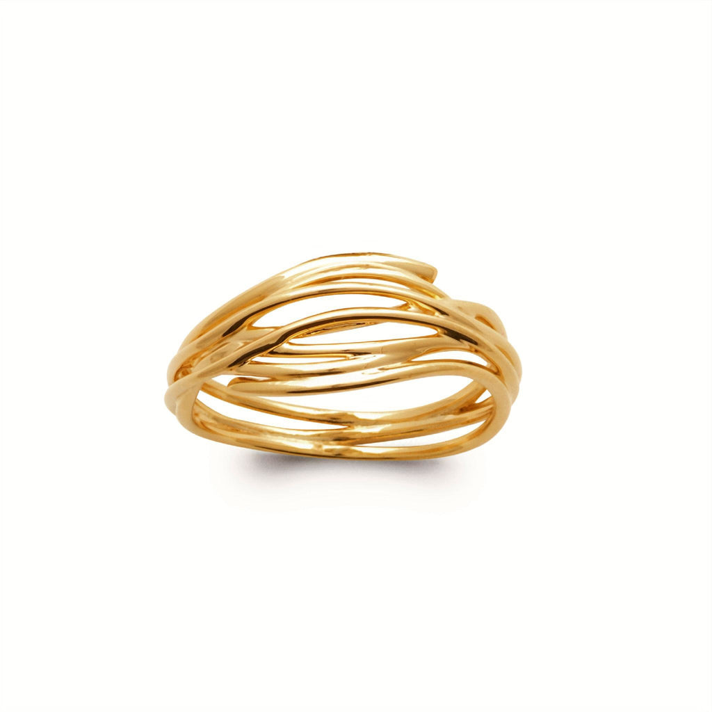 Side view of an 18K gold-plated interwoven band ring with flowing sculptural lines by HNKO