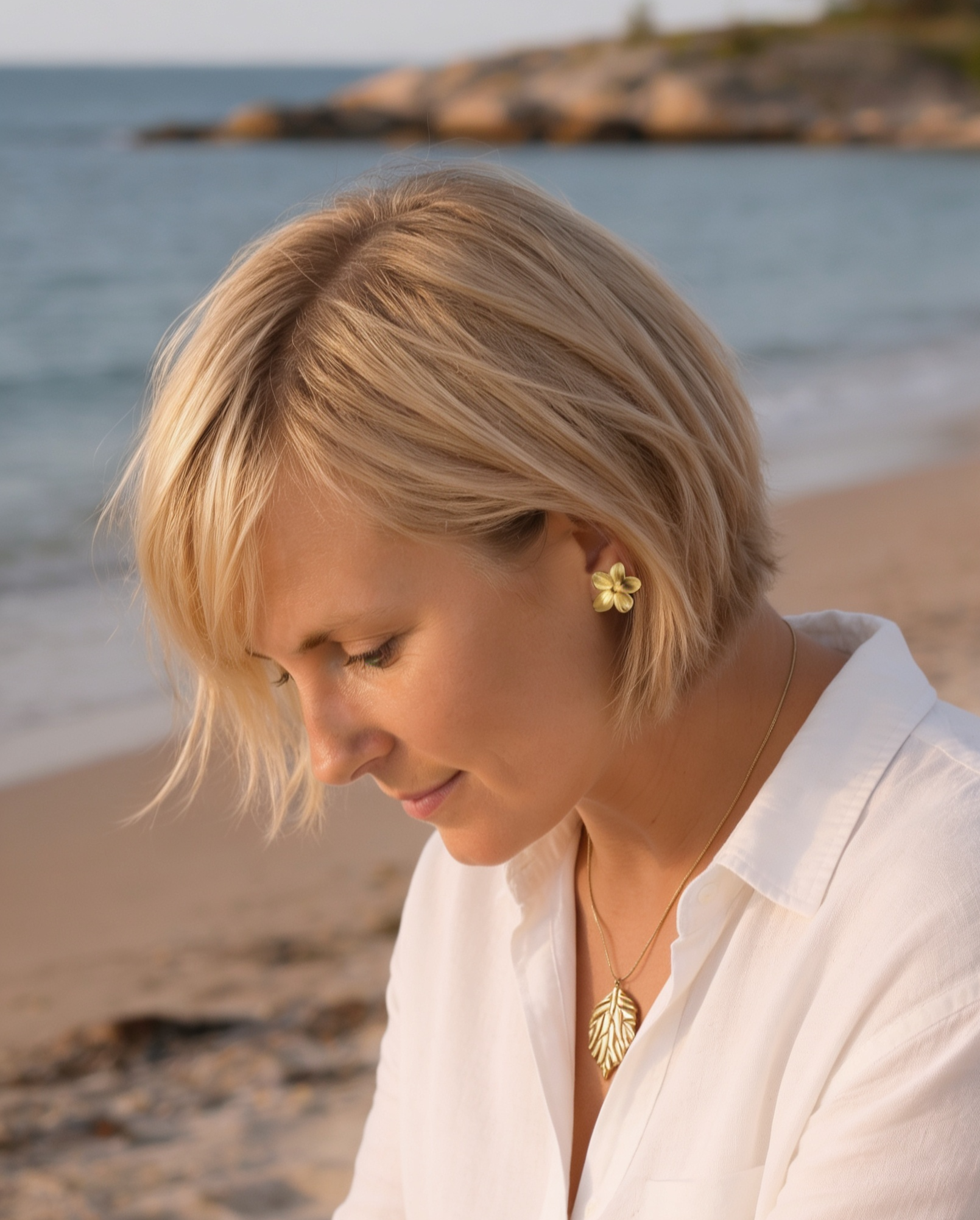 Gold flower stud earrings and gold leaf pendant necklace worn by a woman on Tulliniemi beach, Hanko, Finland