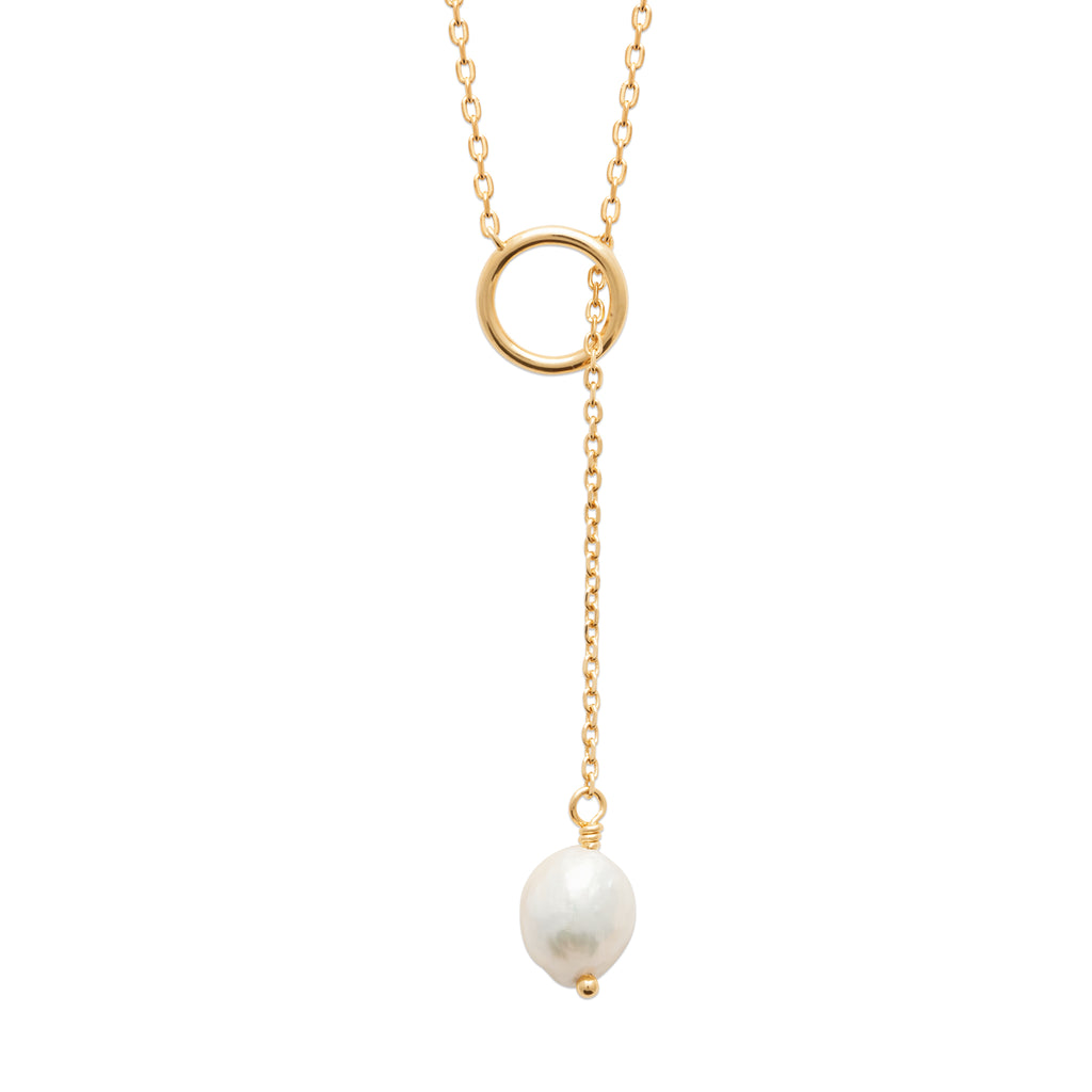 18K gold plated linear necklace by HNKO Finland with suspended cultured pearl pendant, featuring a minimal vertical silhouette that blends modern Nordic design with soft organic elegance