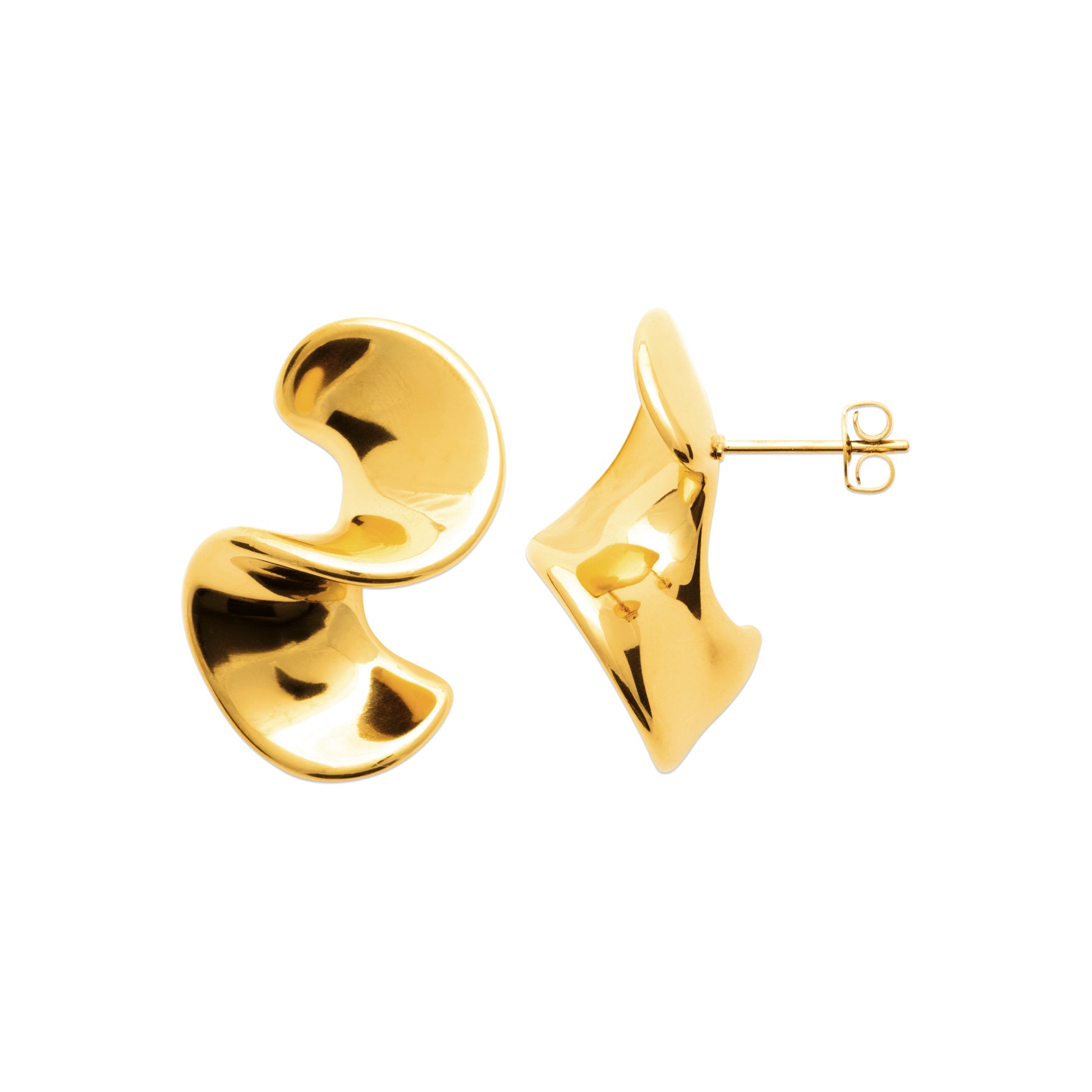 Gold-tone steel organic curve stud earrings side view by HNKO