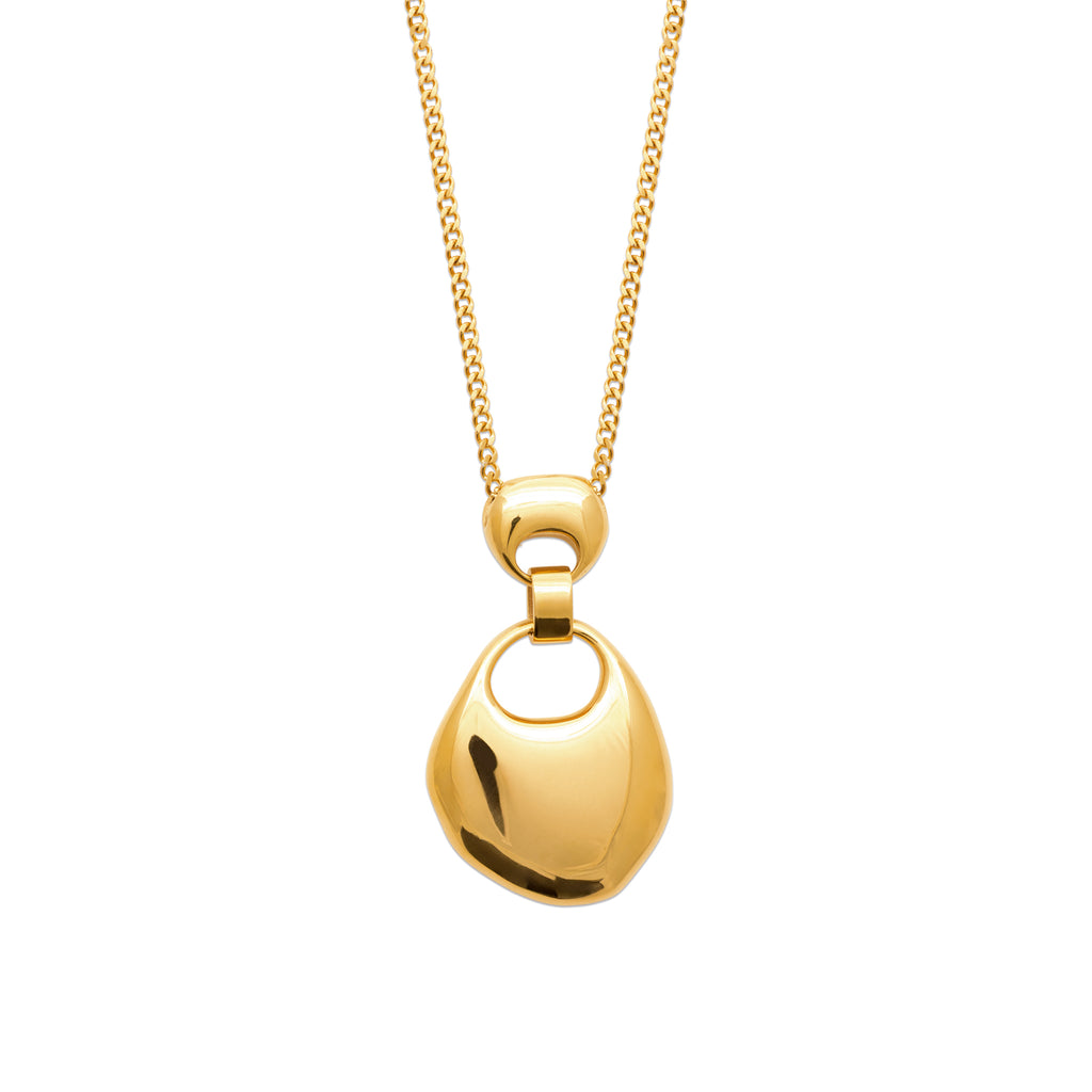 Gold-tone organic drop pendant necklace with a fluid sculptural silhouette and minimalist design by HNKO