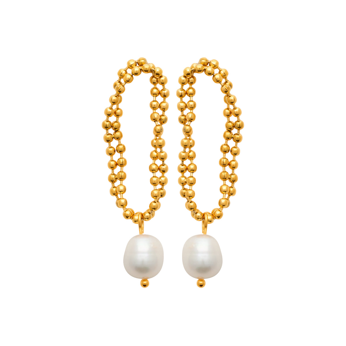 Gold-tone steel earrings with cultured pearl drops by HNKO