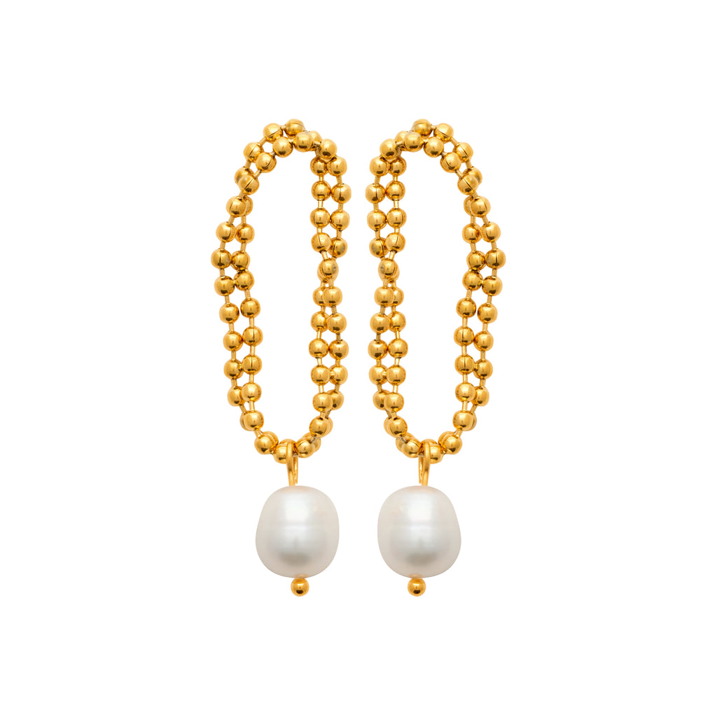 Gold-tone steel earrings with cultured pearl drops by HNKO