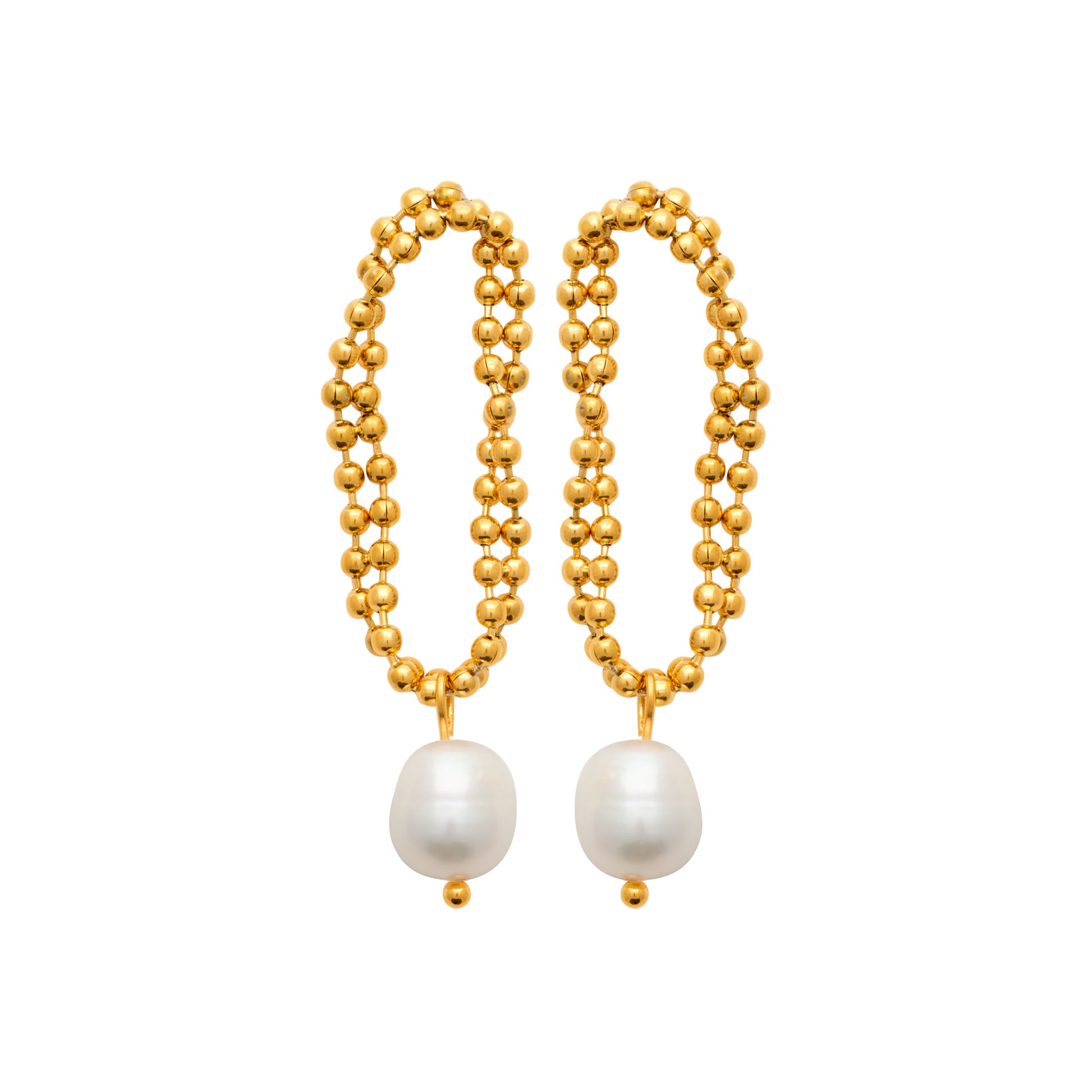 Gold-tone steel earrings with cultured pearl drops by HNKO
