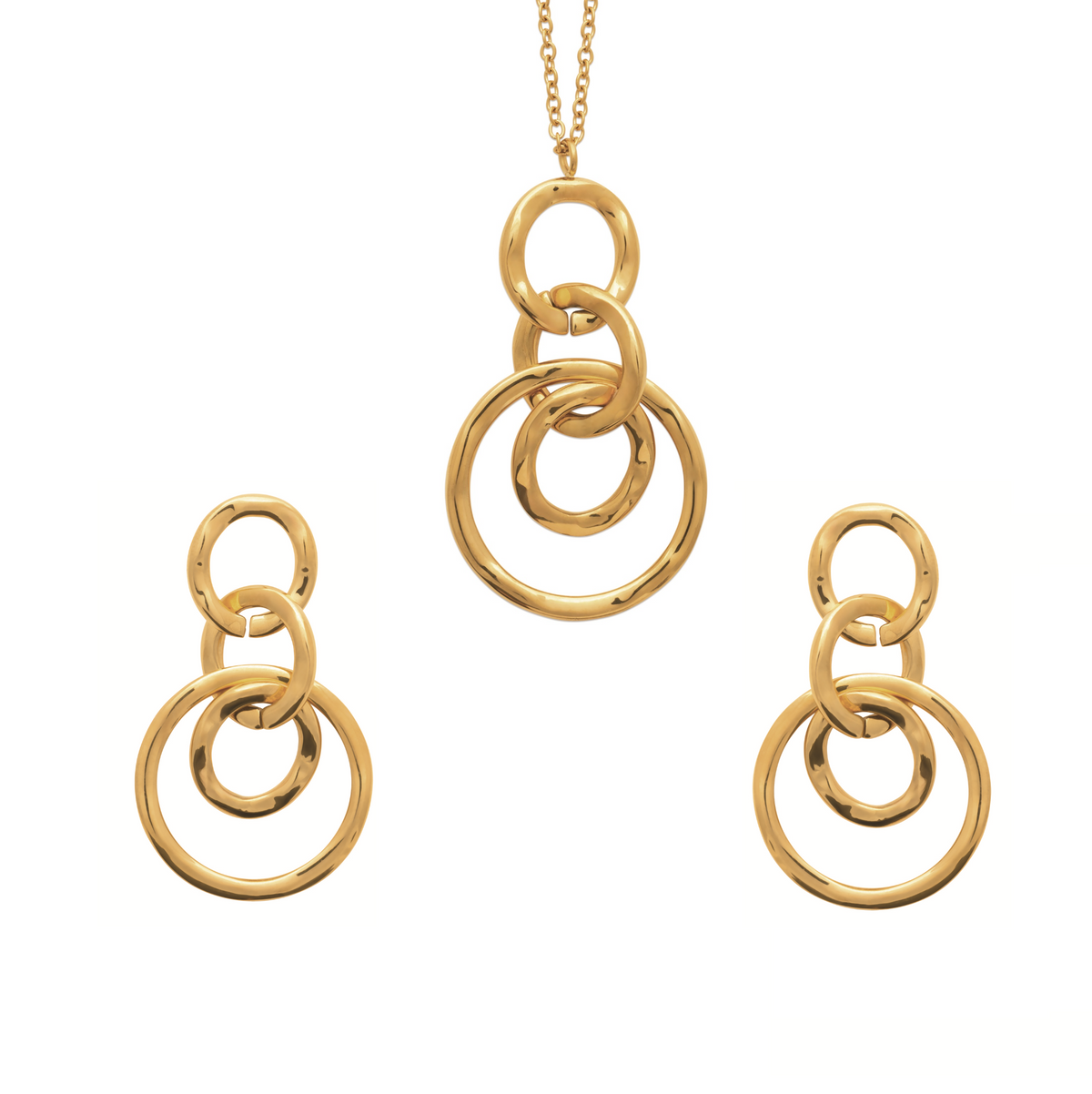 Gold jewelry set featuring a pendant necklace and two matching drop earrings, each with three interlocking circular rings, shown on a plain white background.
