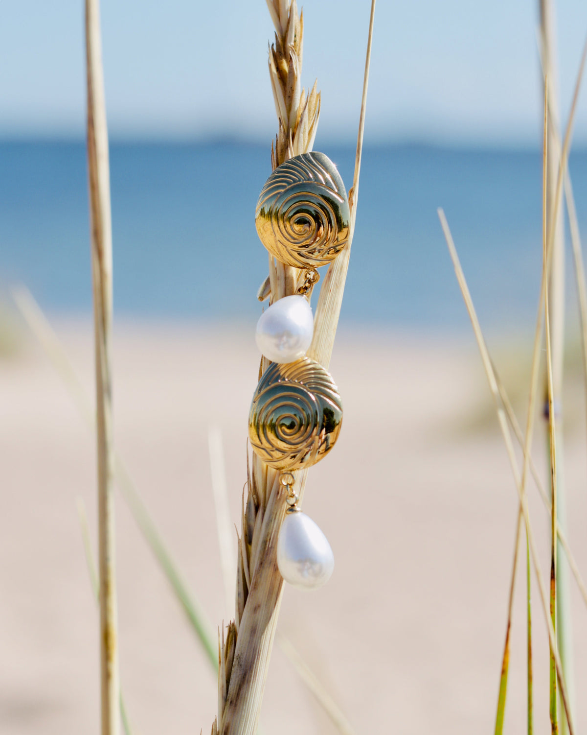A pair of gold and white shell and pearl drop earrings hanging from a beach grass stalk, with a blurred sandy beach and blue sea in the background.